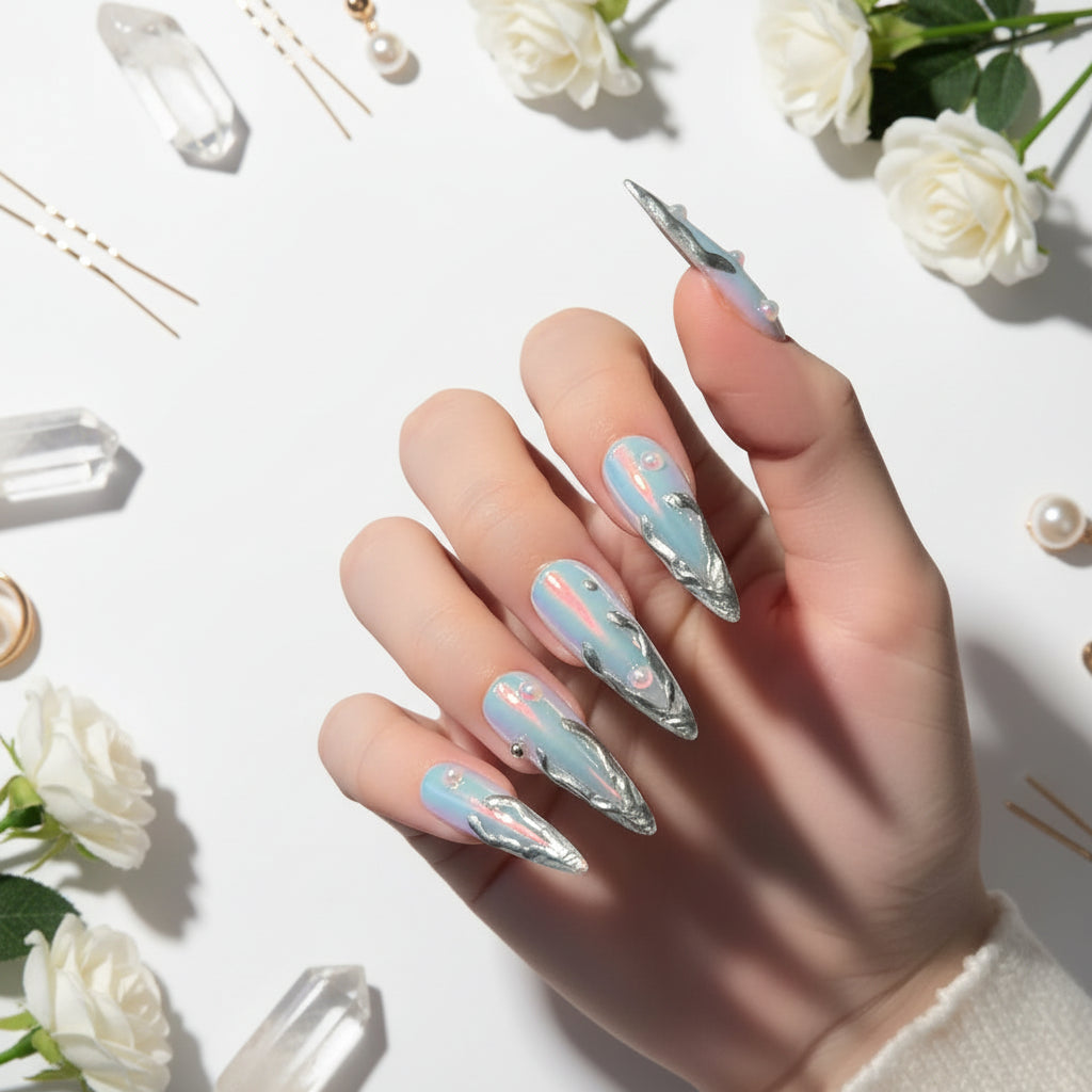 Silver Aurora Long Stiletto Fake Nails Metal Edge Design Punk Style Handmade