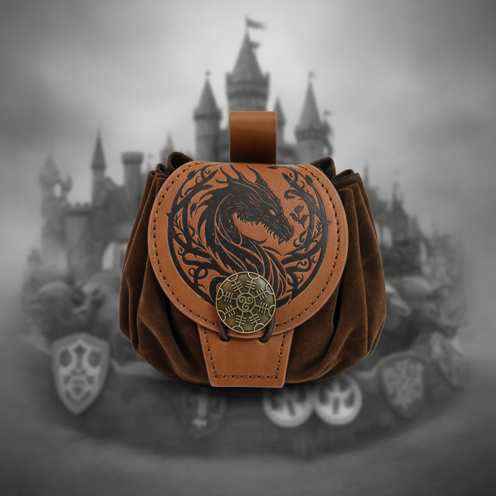 Medieval Viking Belt Pouch featuring a dragon design and leather drawstring in front of a castle backdrop