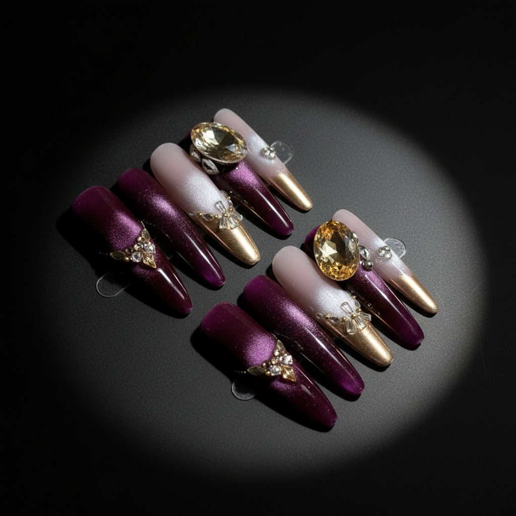 Purple Cat Eye Fake Nails with Zircon Crystals DIY Handmade Glue Free Nails