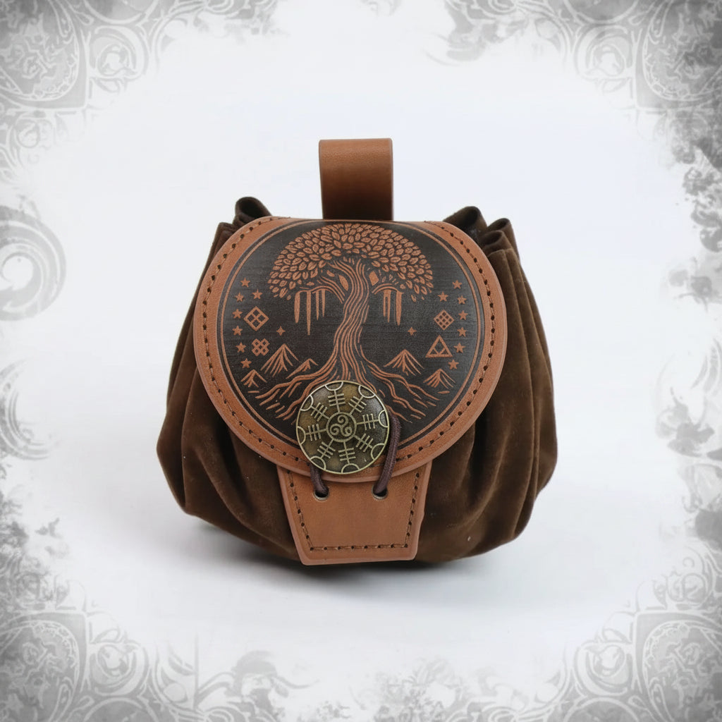 steampunk medieval waist bag featuring tree design and leather details