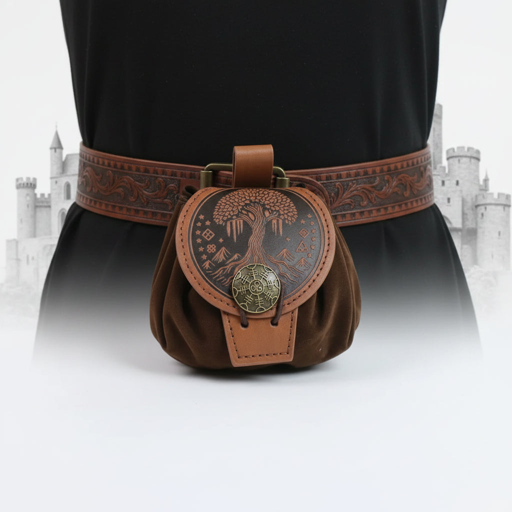 Steampunk medieval waist bag featuring a decorative design and buckle on a brown belt.