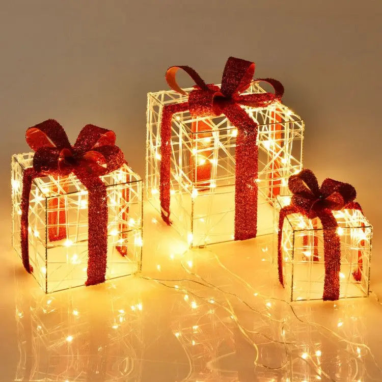 Set of 3 Lighted Christmas Gift Boxes 60 LED Decorations for Indoor and Outdoor Use-0