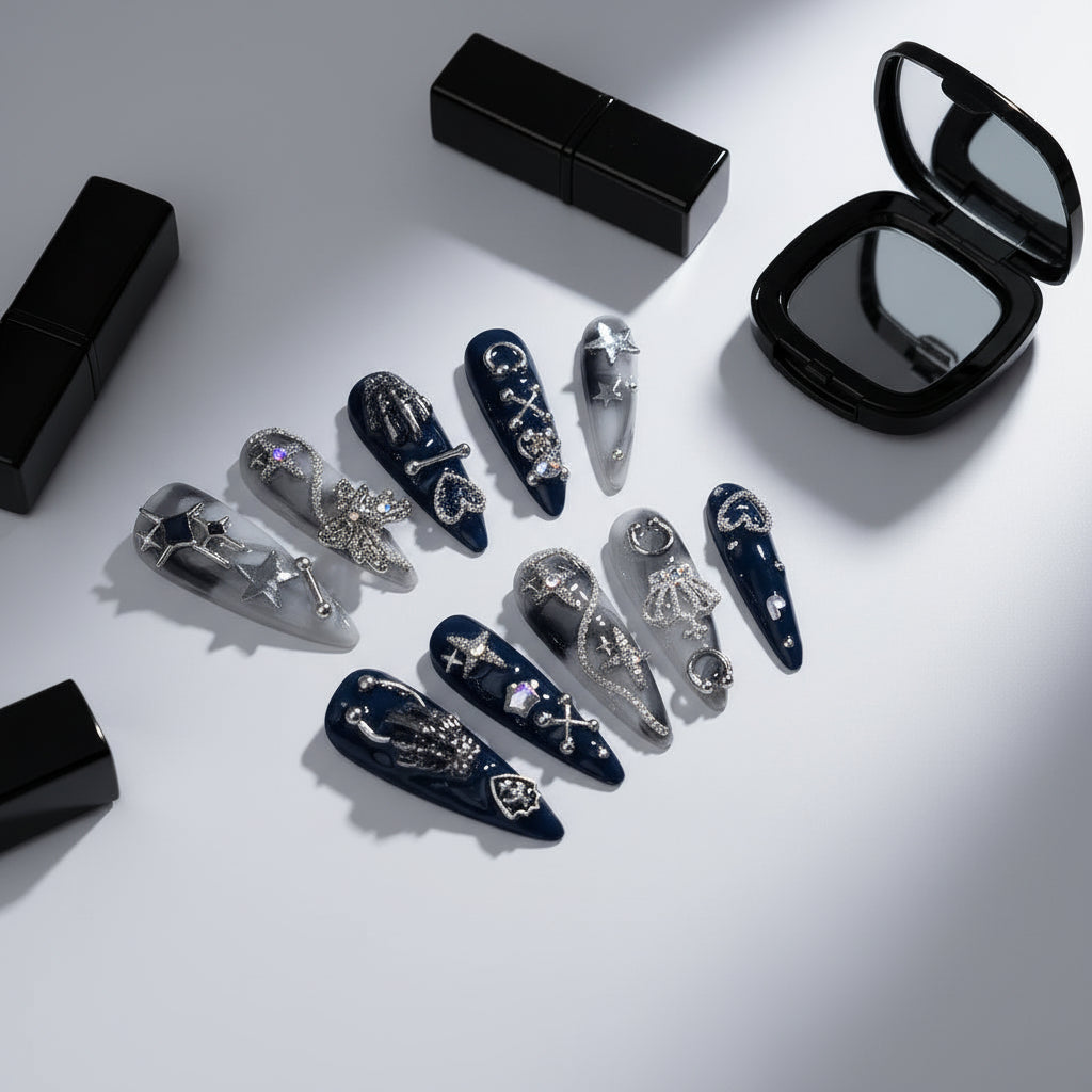 Girls Handmade Press On Nails Black White Rendering Long Tip Nail Art