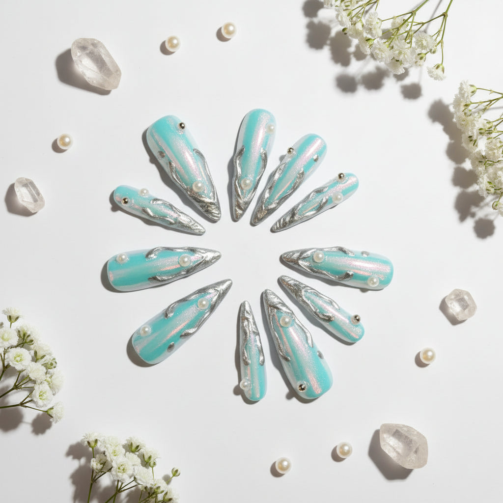 Silver Aurora Long Stiletto Fake Nails Metal Edge Design Punk Style Handmade