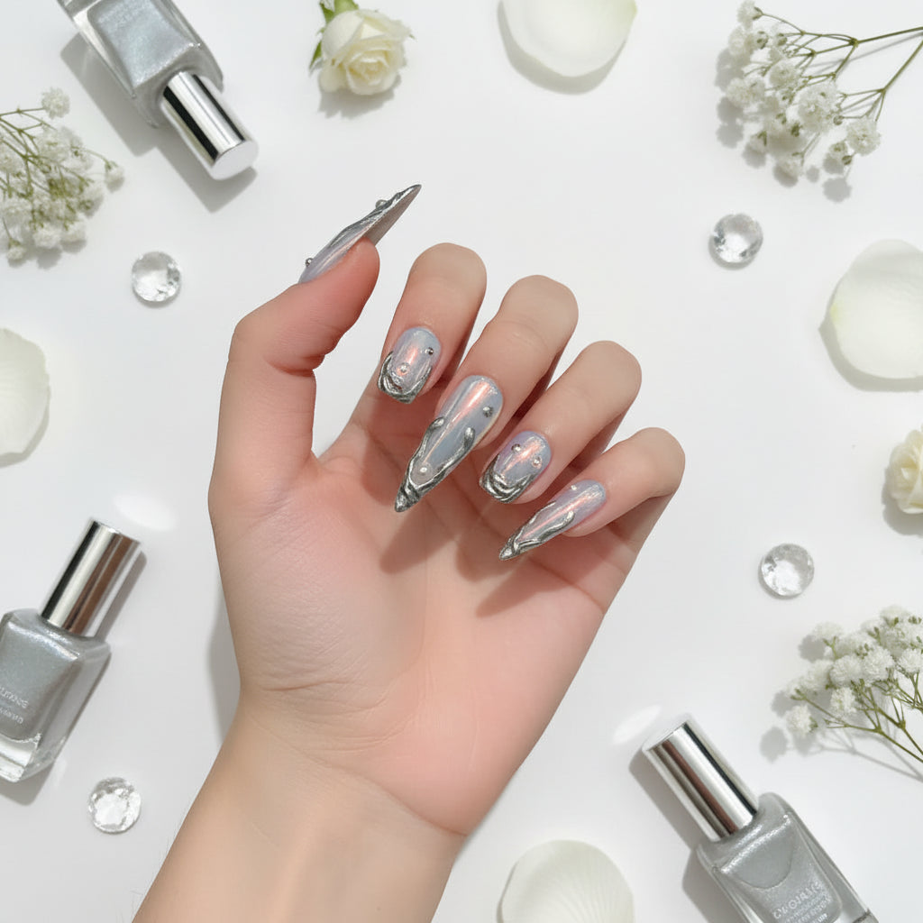 Silver Aurora Long Stiletto Fake Nails Metal Edge Design Punk Style Handmade