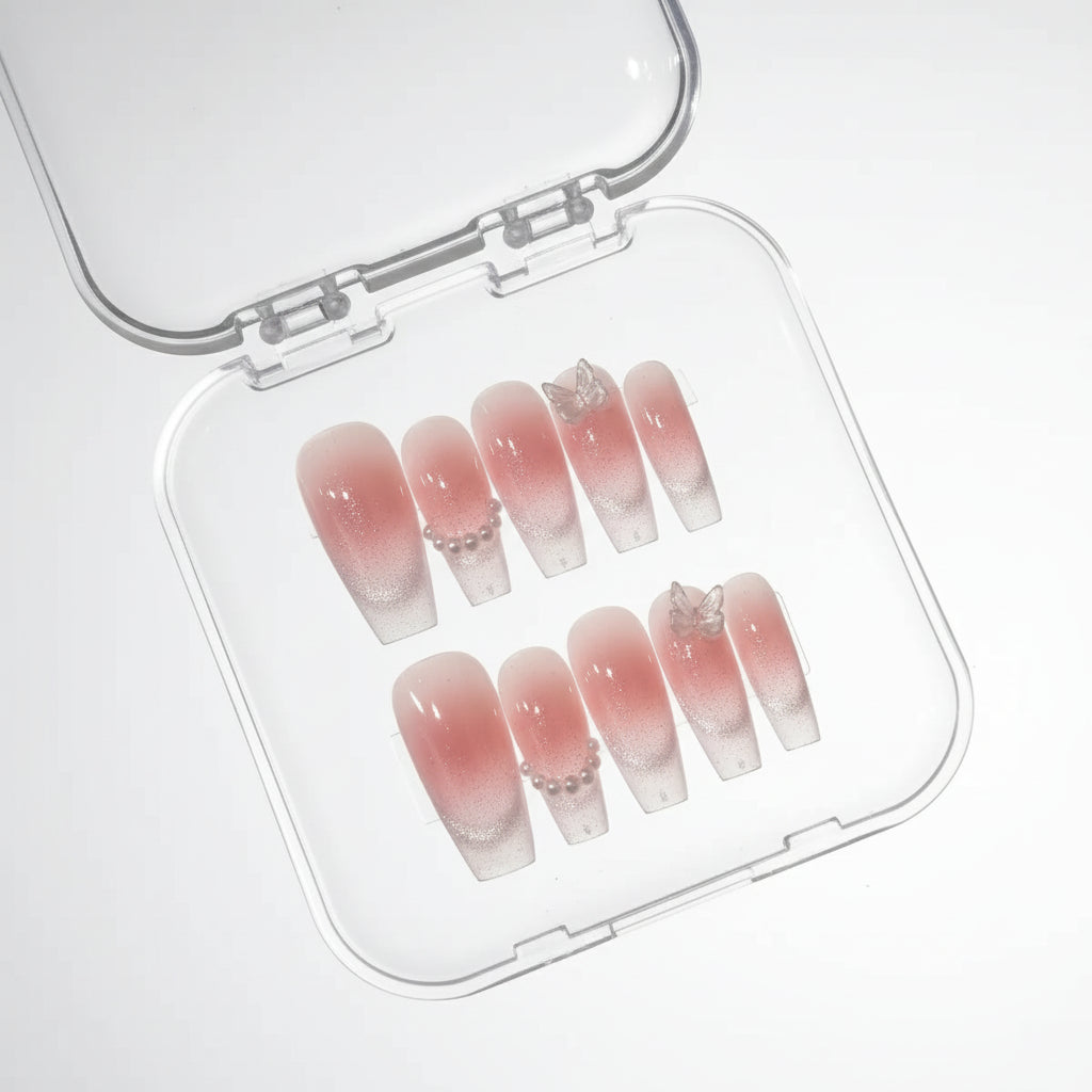 Pink Butterfly Cat-Eye Handmade Press-On Nails for Weddings