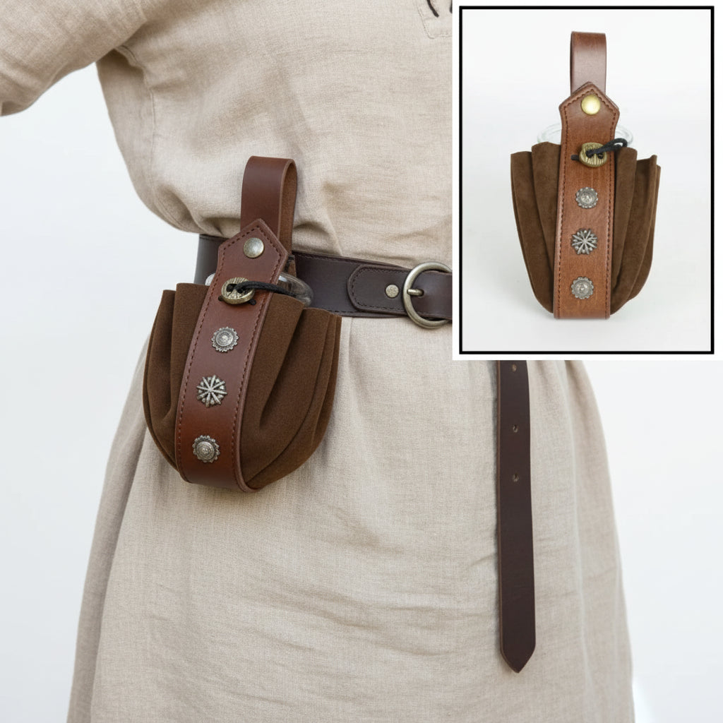 Viking medieval belt pouch hanging on brown belt for cosplay