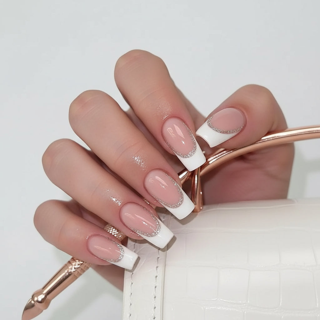 White French Almond Press-On Nails with 3D Bowknot Design – 24PCS