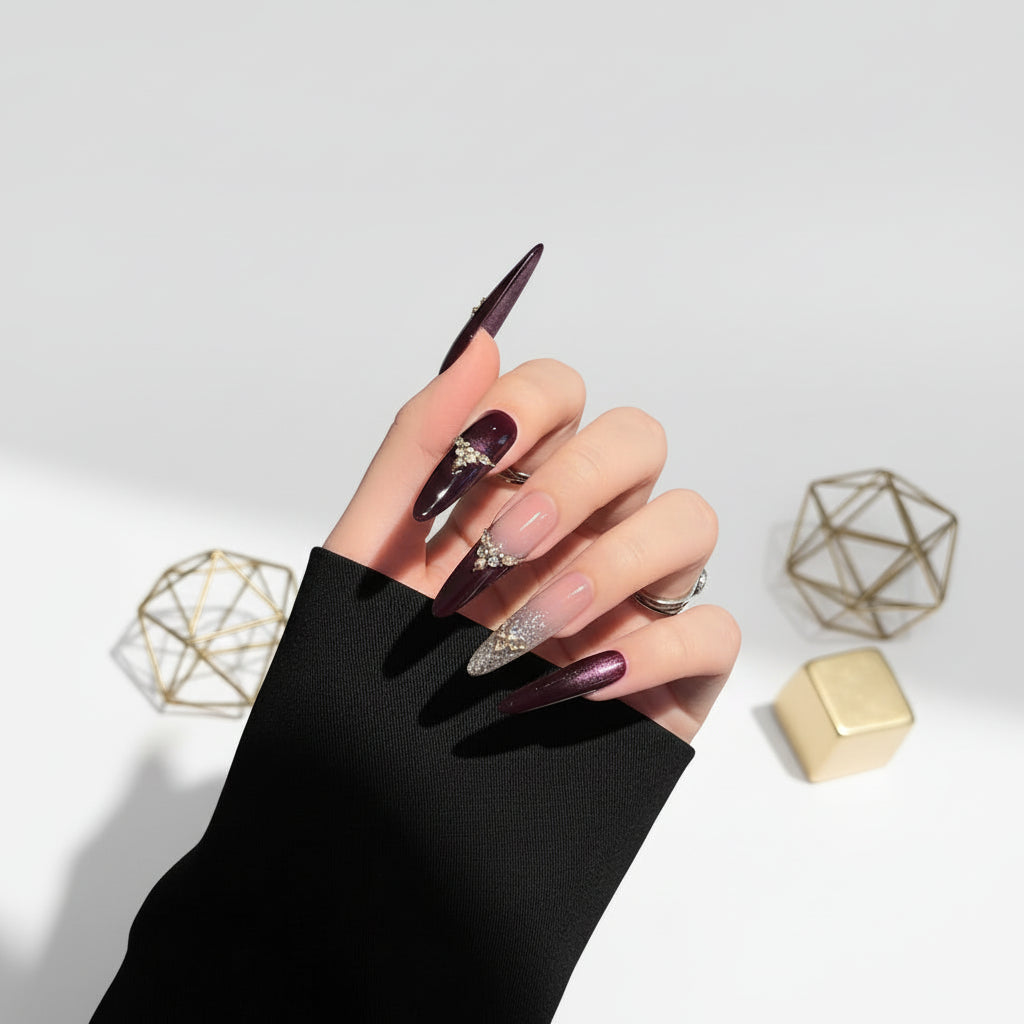 Purple Cat Eye Fake Nails with Zircon Crystals DIY Handmade Glue Free Nails