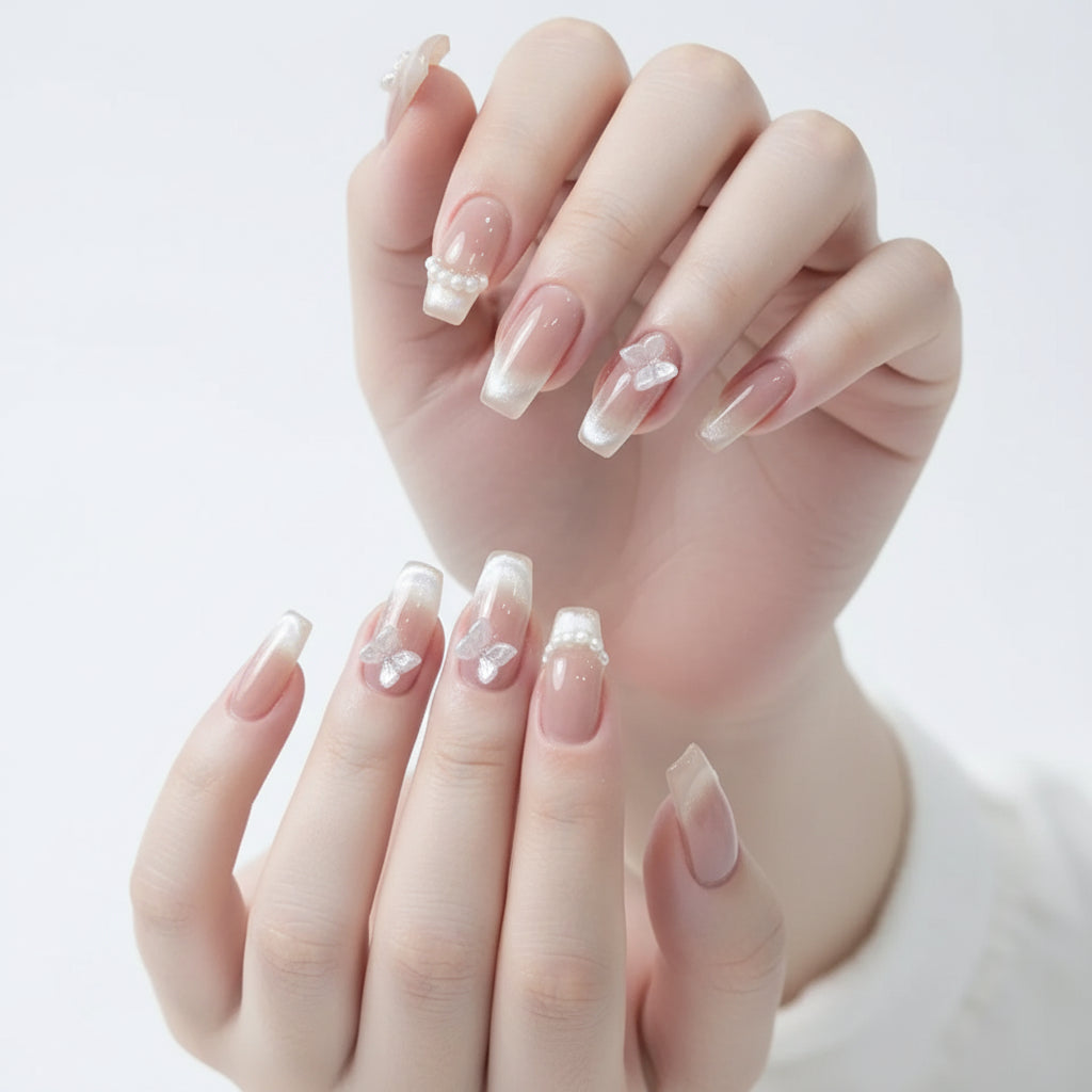 Pink Butterfly Cat-Eye Handmade Press-On Nails for Weddings