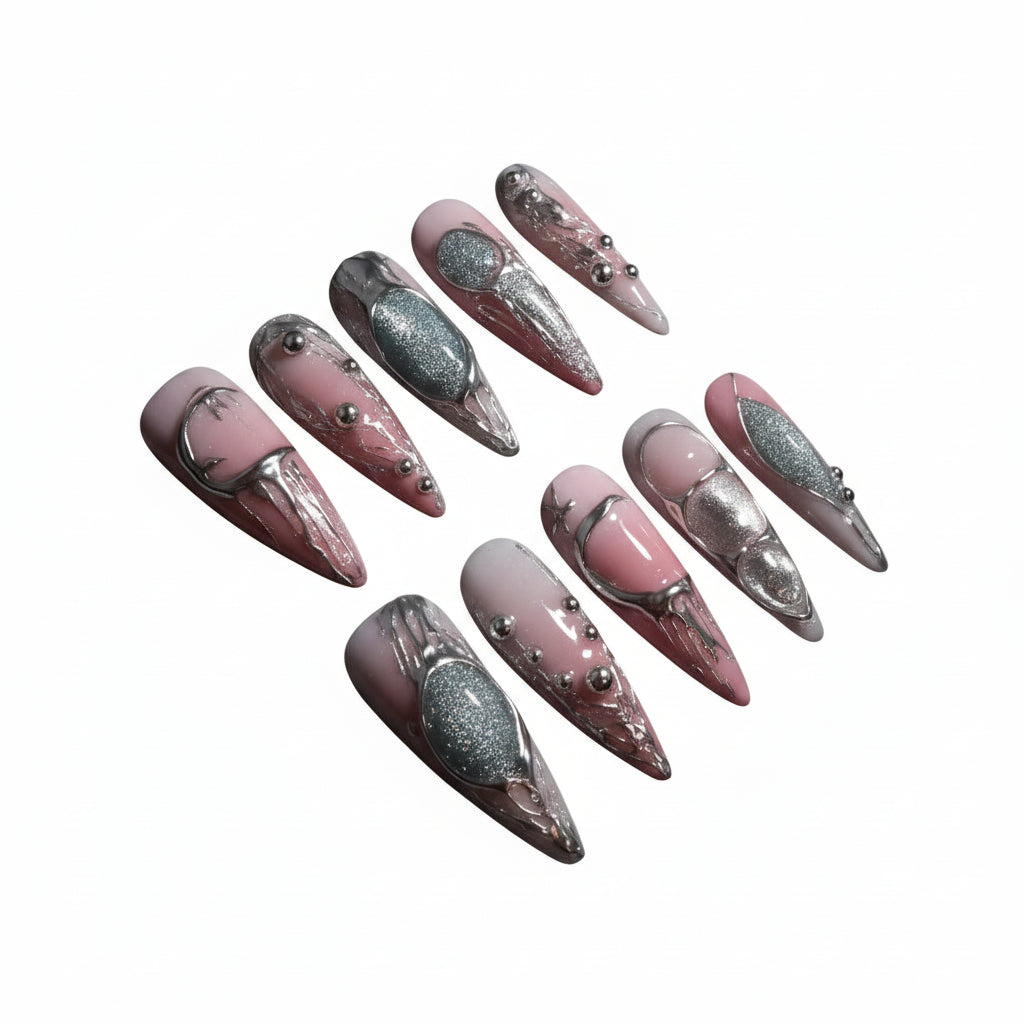 Spice Girl Metallic Silver Stripes Handmade Fake Nails 10 Pieces set