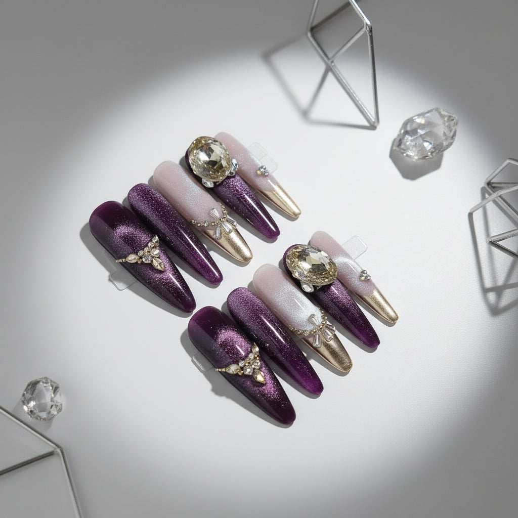 Handmade Luxury Long Press on Nails Shiny Purple Cat Eye Rhinestone Design