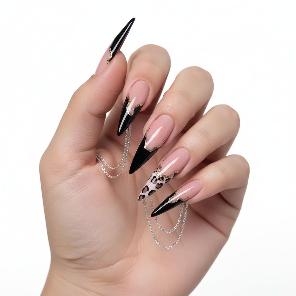 Leopard Print French Almond Press-On Nails with Bow & Pearl