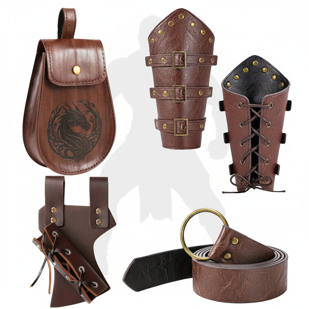 Viking Medieval Accessories Set – 4-Piece Belt, Pouch & Leather Wristbands