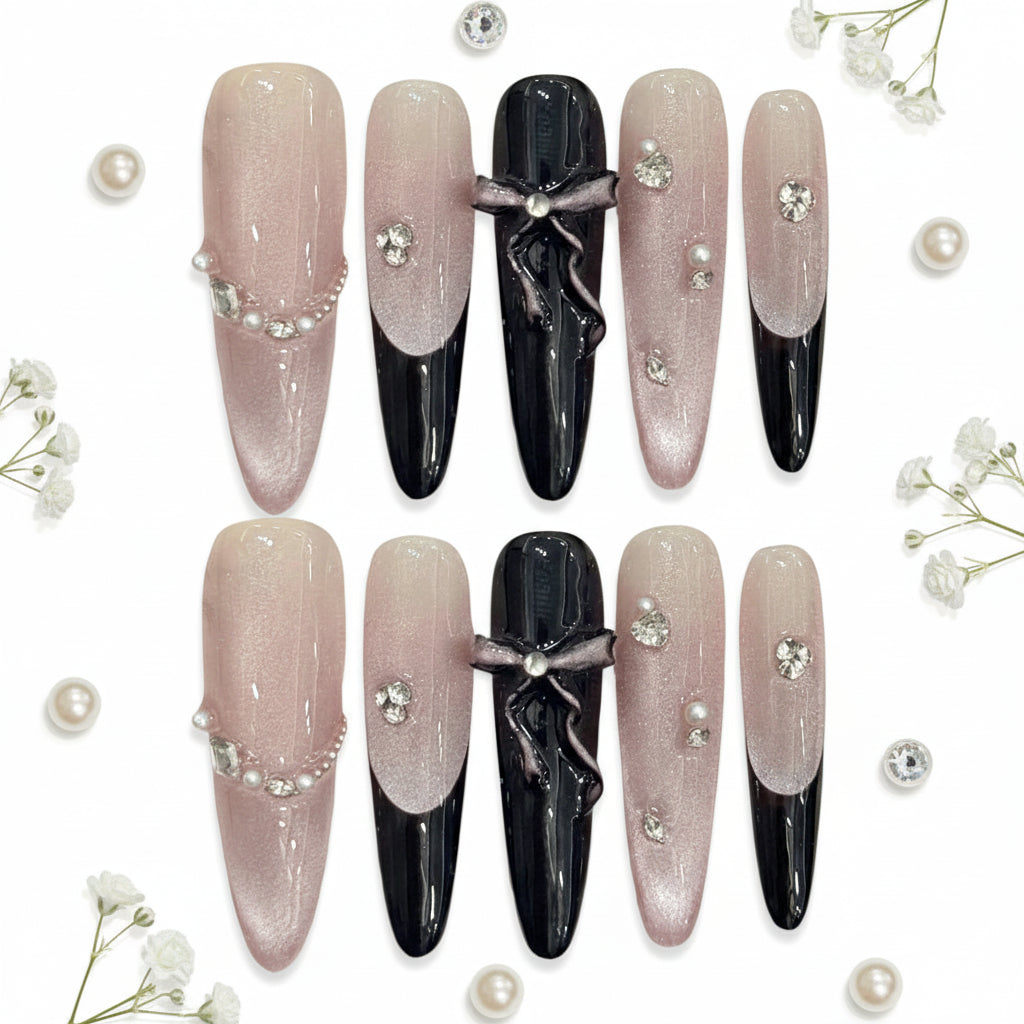 Pink Purple Cat's Eye Press On Nails, Handmade False Nail Bows Rhinestone Decor Sweet Cool Fake Nail