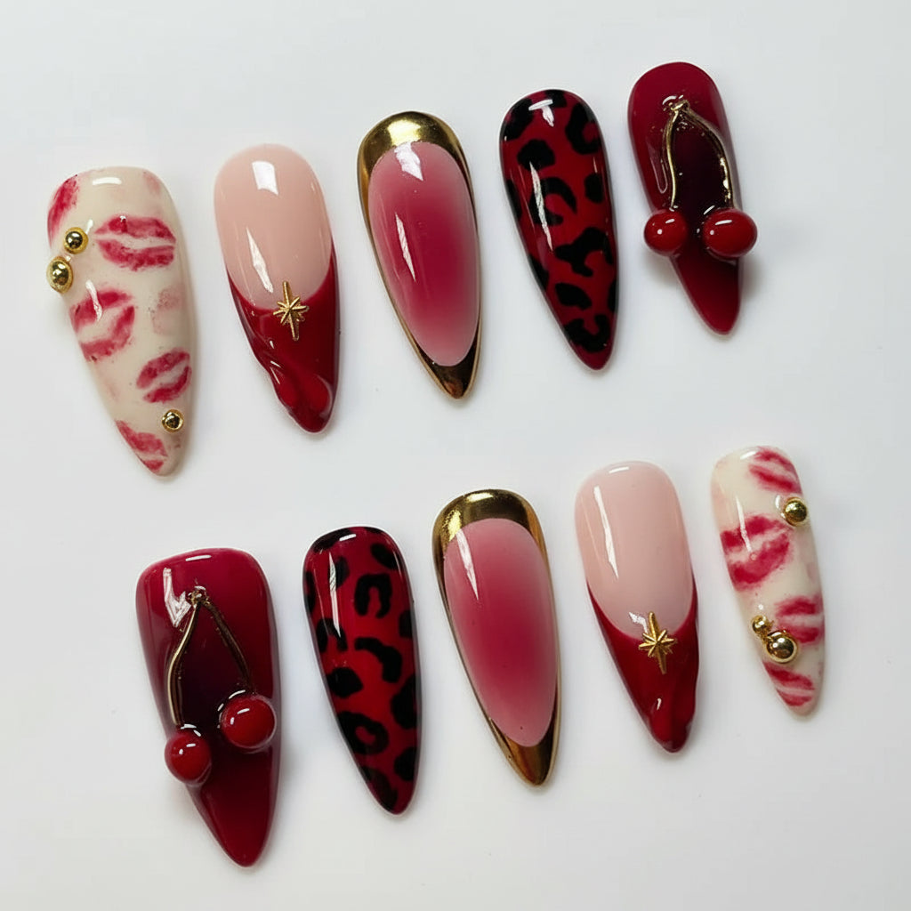 Wine Red Almond Press-On Nails with Rabbit & Bow Design 24 Pieces