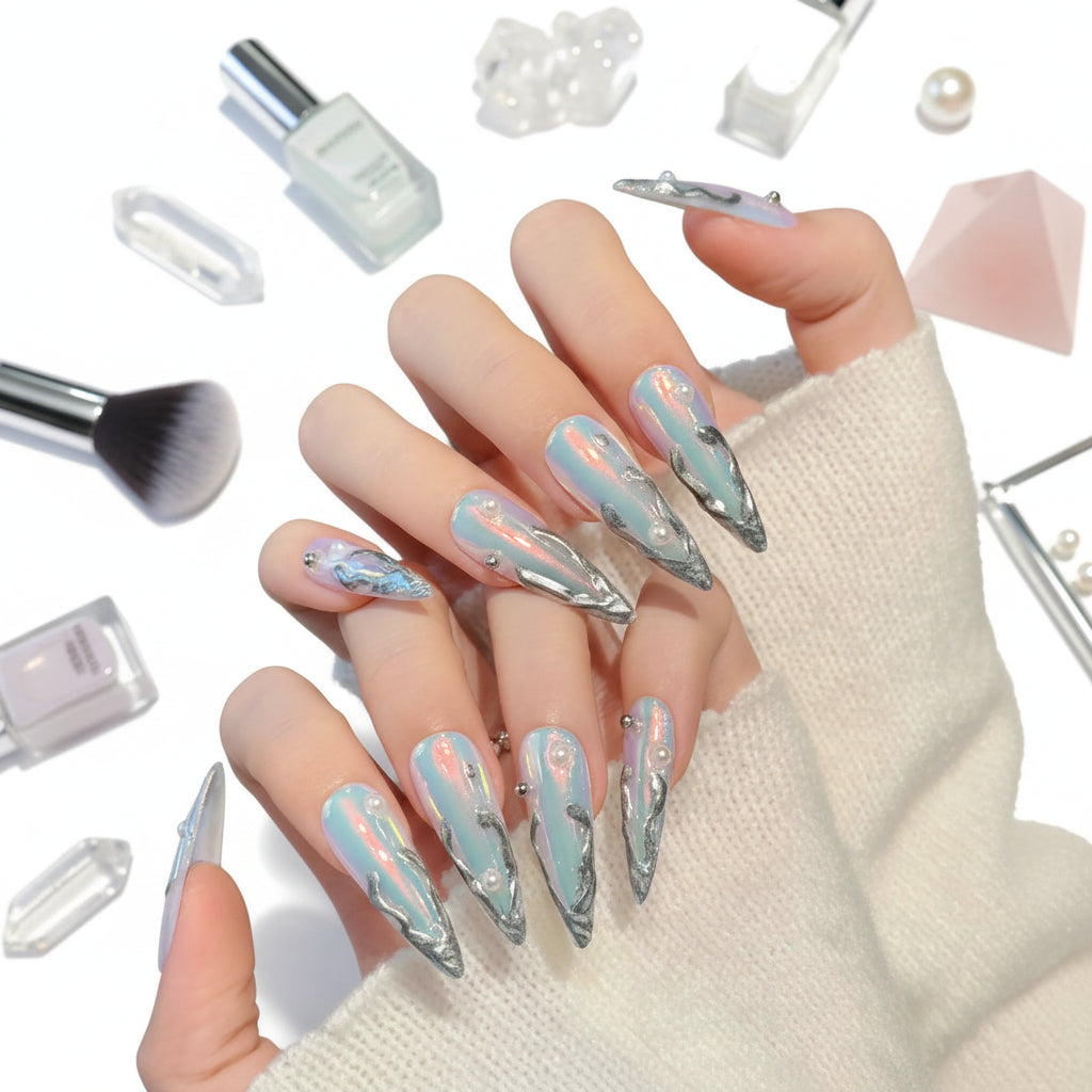 Silver Aurora Long Stiletto Fake Nails Metal Edge Design Punk Style Handmade