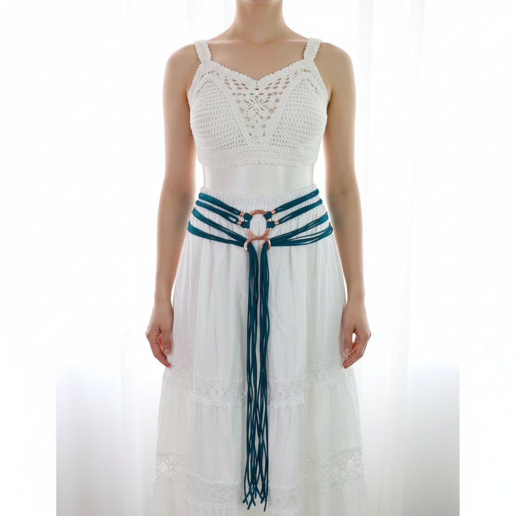 Viking rope belt costume worn with a white dress showcasing stylish design