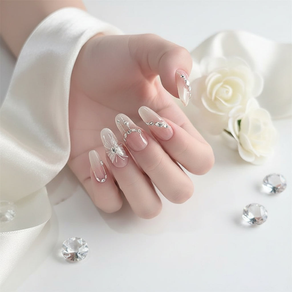 Handmade Almond Press-On Nails with Butterfly, Pearl & Diamond – 24PCS