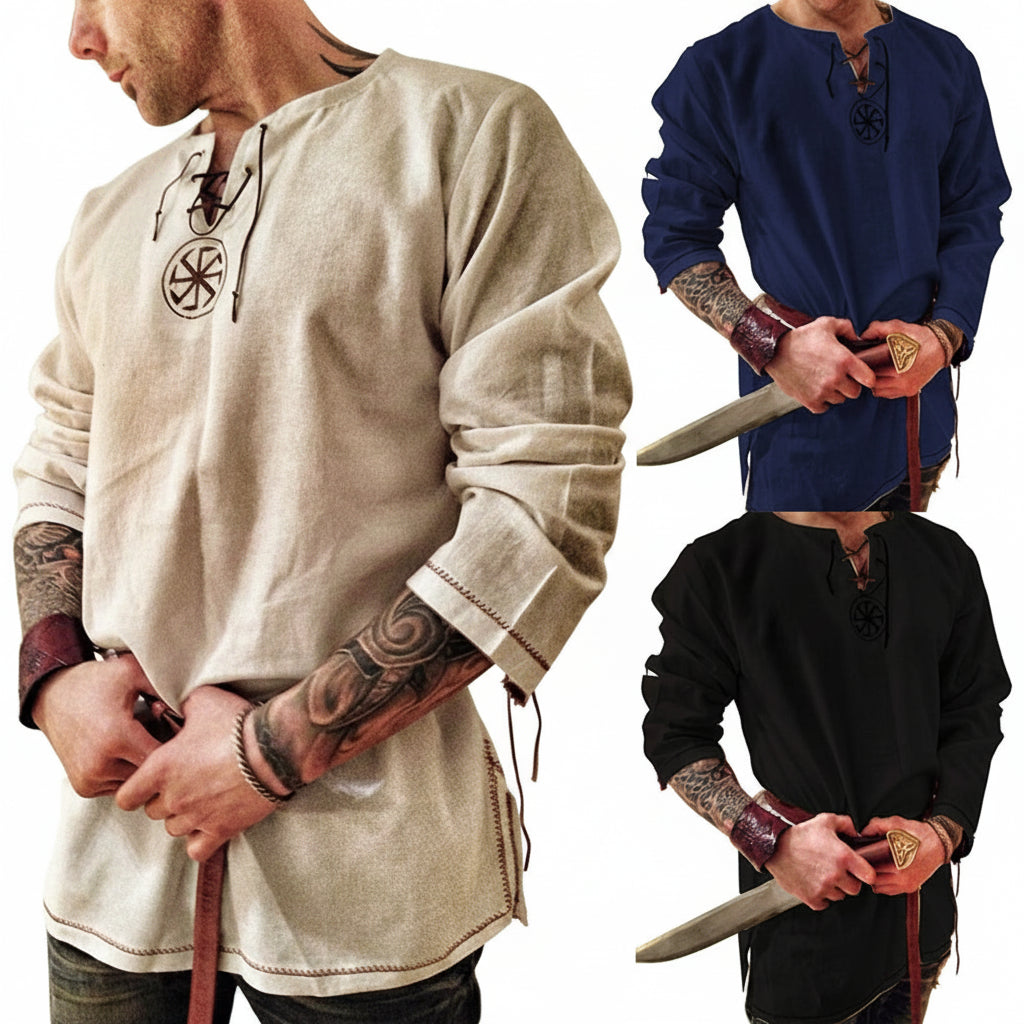 Medieval knight tunic costume in beige, blue, and black styles for men