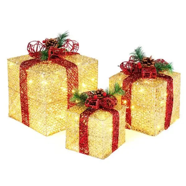 3pcs Golden Garden Gift Box Decoration 10 Inch-8 Inch-6 Inch 5M Long US Plug Power Cord for Christmas Decorations-0