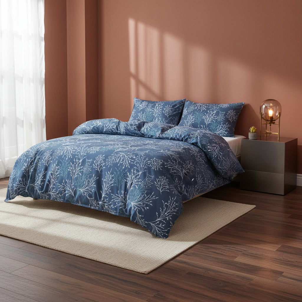 Blue Plant and Flower Pattern Bedspread 3-Piece Set