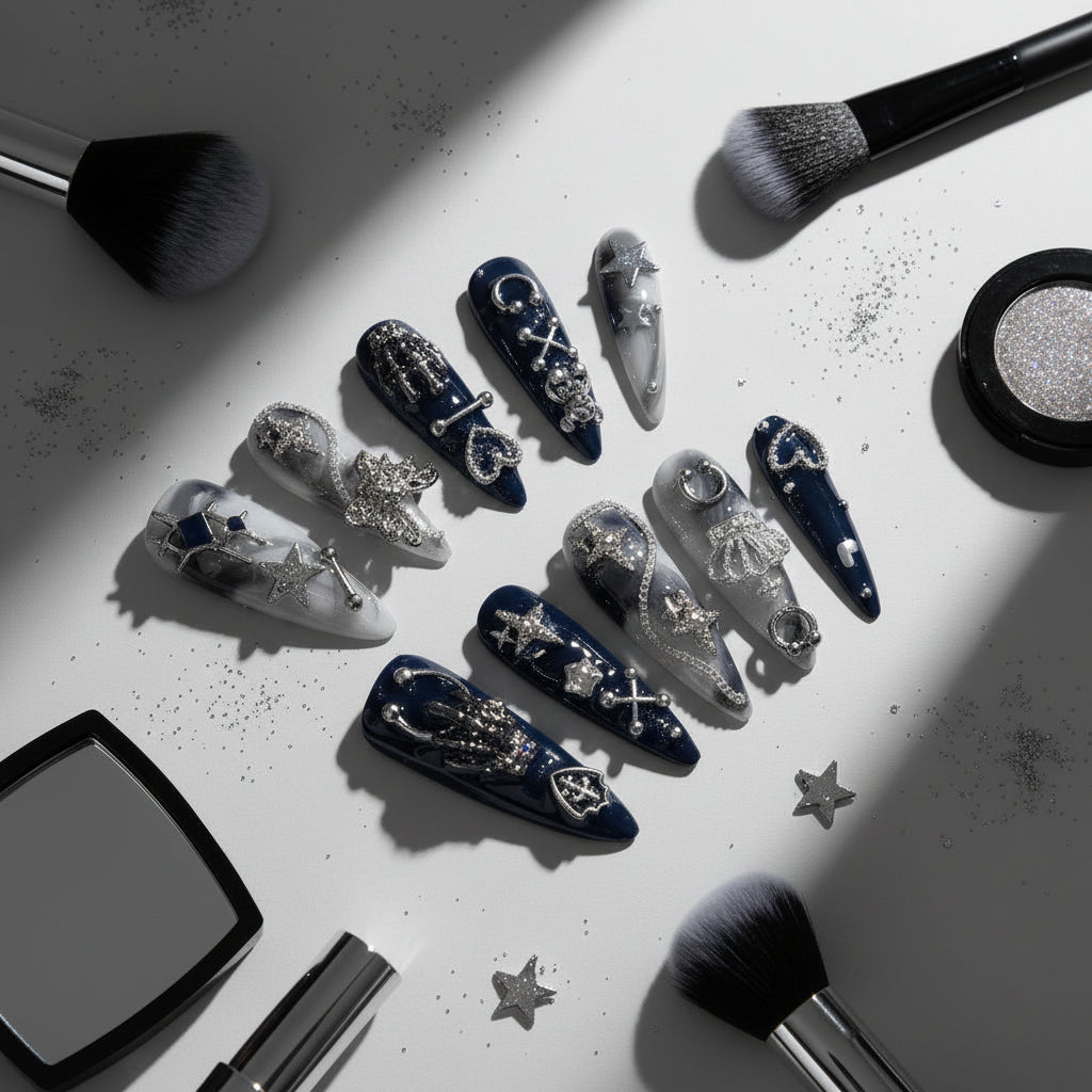 Girls Handmade Press On Nails Black White Rendering Long Tip Nail Art