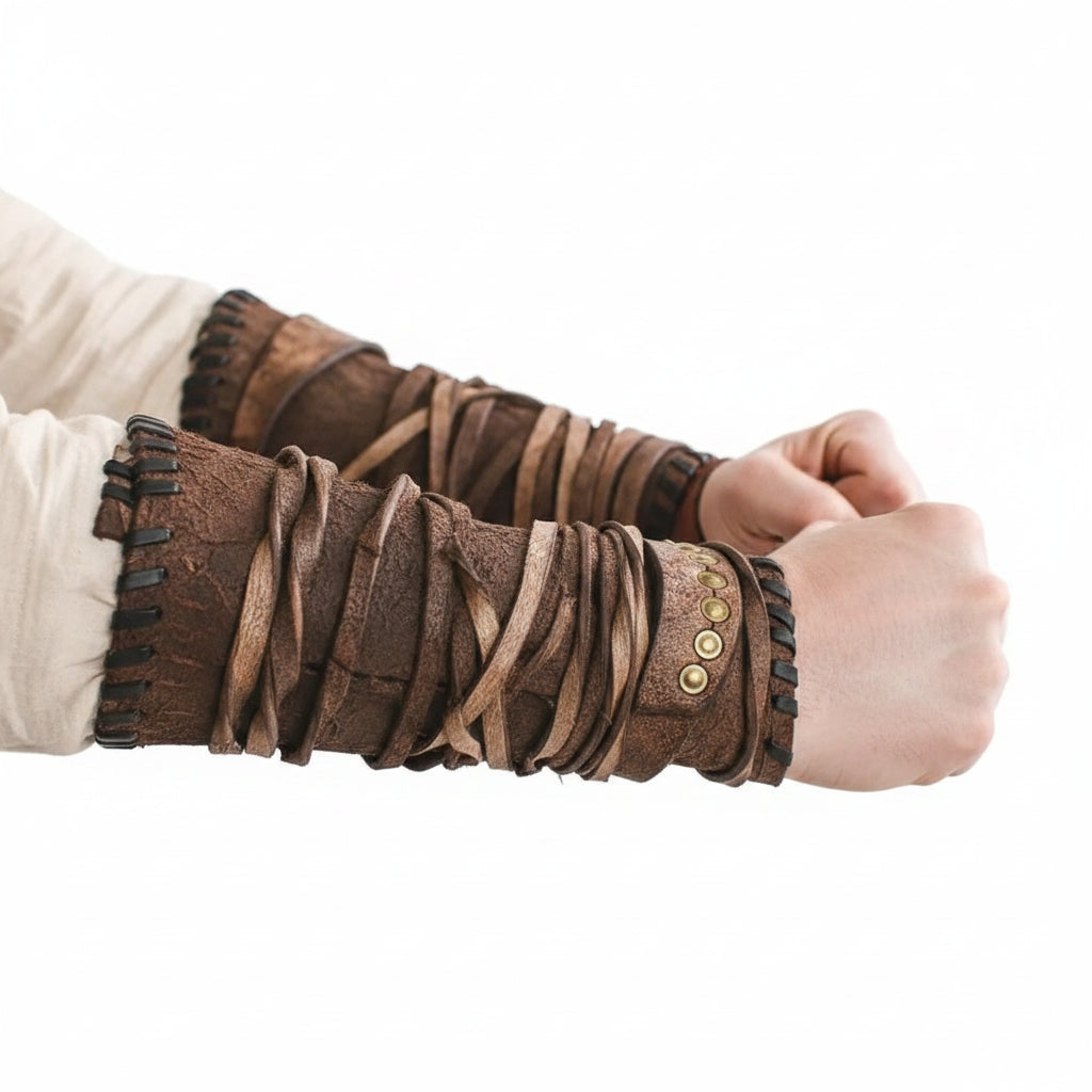 medieval leather arm guards featuring intricate lacing and durable faux leather design