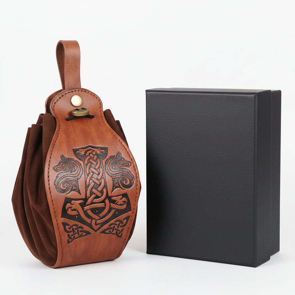 Adjustable PU leather chest harness with Viking design and packaging.