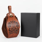 Adjustable PU leather chest harness with Viking design and packaging.