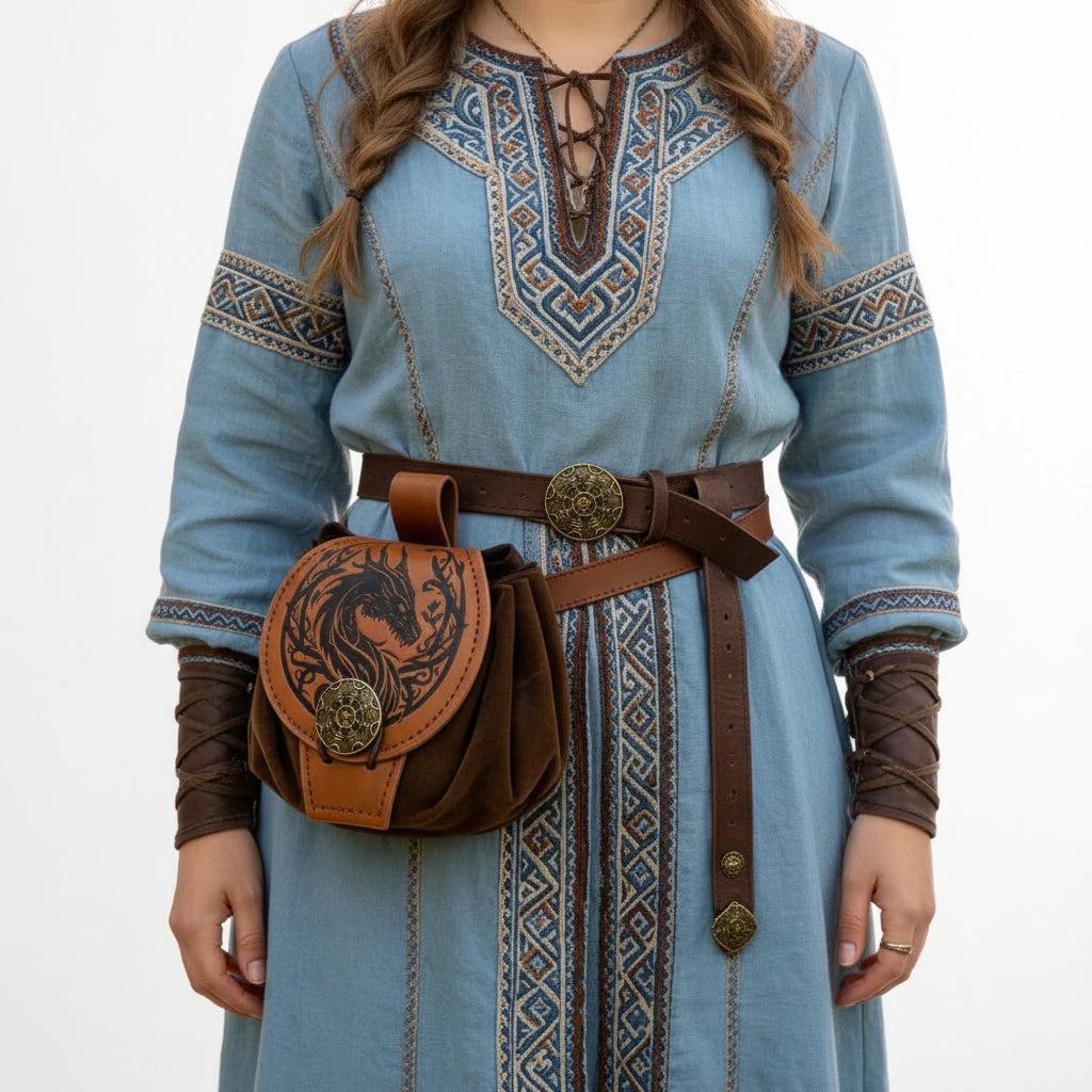 Woman wearing a Medieval Viking belt pouch, styled for Renaissance fairs, showcasing handcrafted leather design.