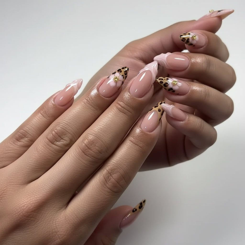 Leopard Print French Almond Press-On Nails with Bow & Pearl