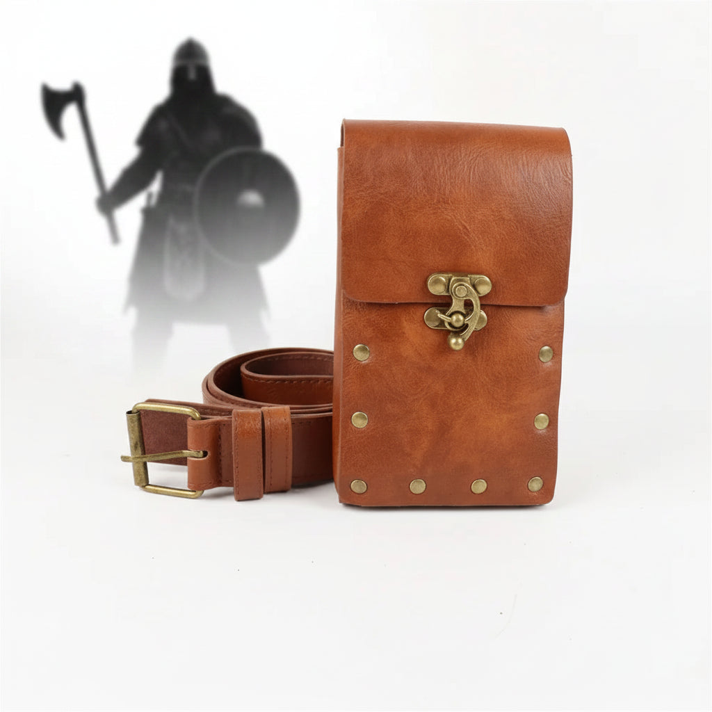 Viking cosplay waist bag with adjustable belt and brass buckle.
