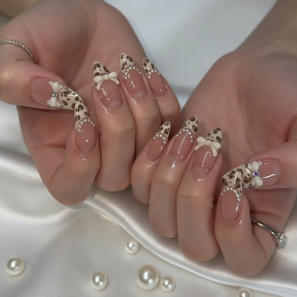 Leopard Print French Almond Press-On Nails with Bow & Pearl