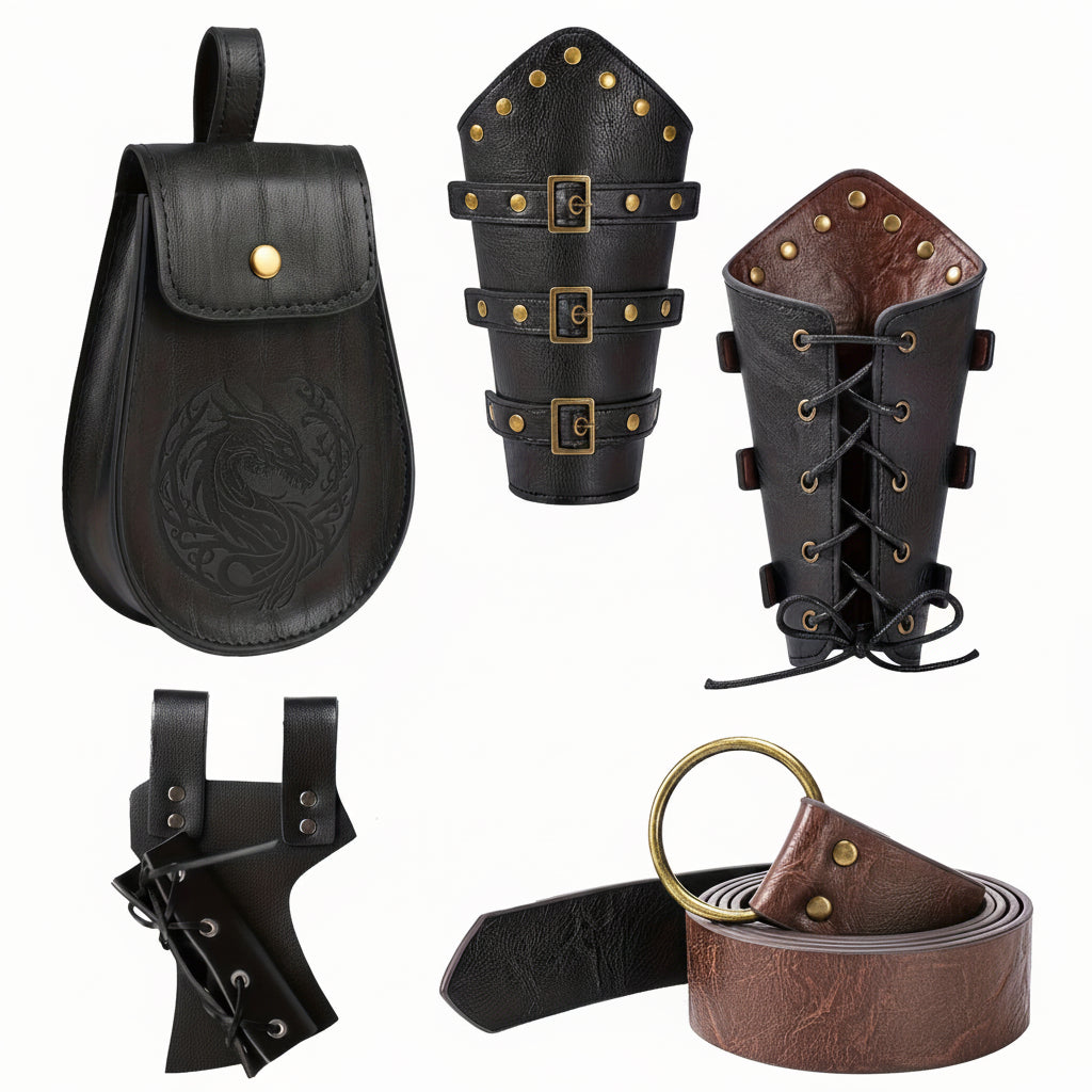Viking Medieval Accessories Set – 4-Piece Belt, Pouch & Leather Wristbands