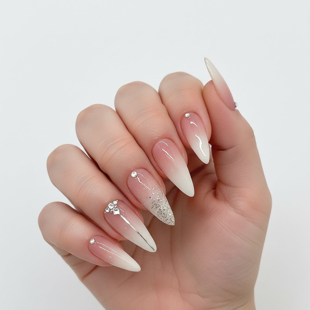 Handmade Almond Press-On Nails with Butterfly, Pearl & Diamond – 24PCS