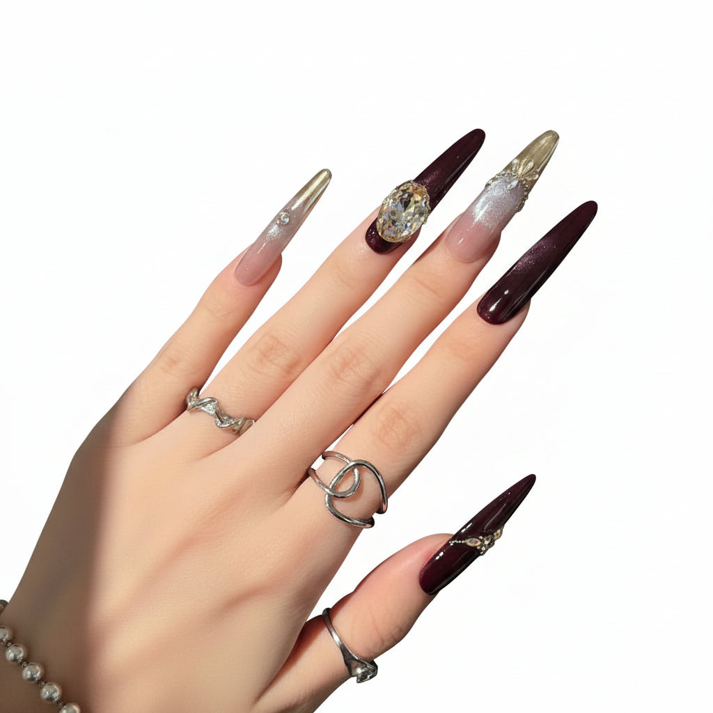 Purple Cat Eye Fake Nails with Zircon Crystals DIY Handmade Glue Free Nails