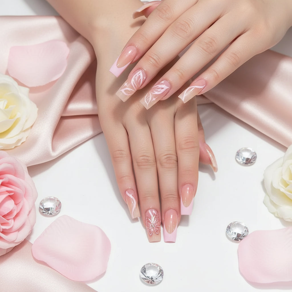 White French Almond Press-On Nails with 3D Bowknot Design – 24PCS