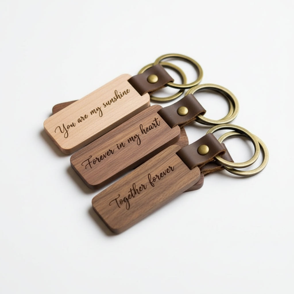 Custom PU Leather Wooden Keychain, New Wooden Keychain With Engraved Logo Pattern