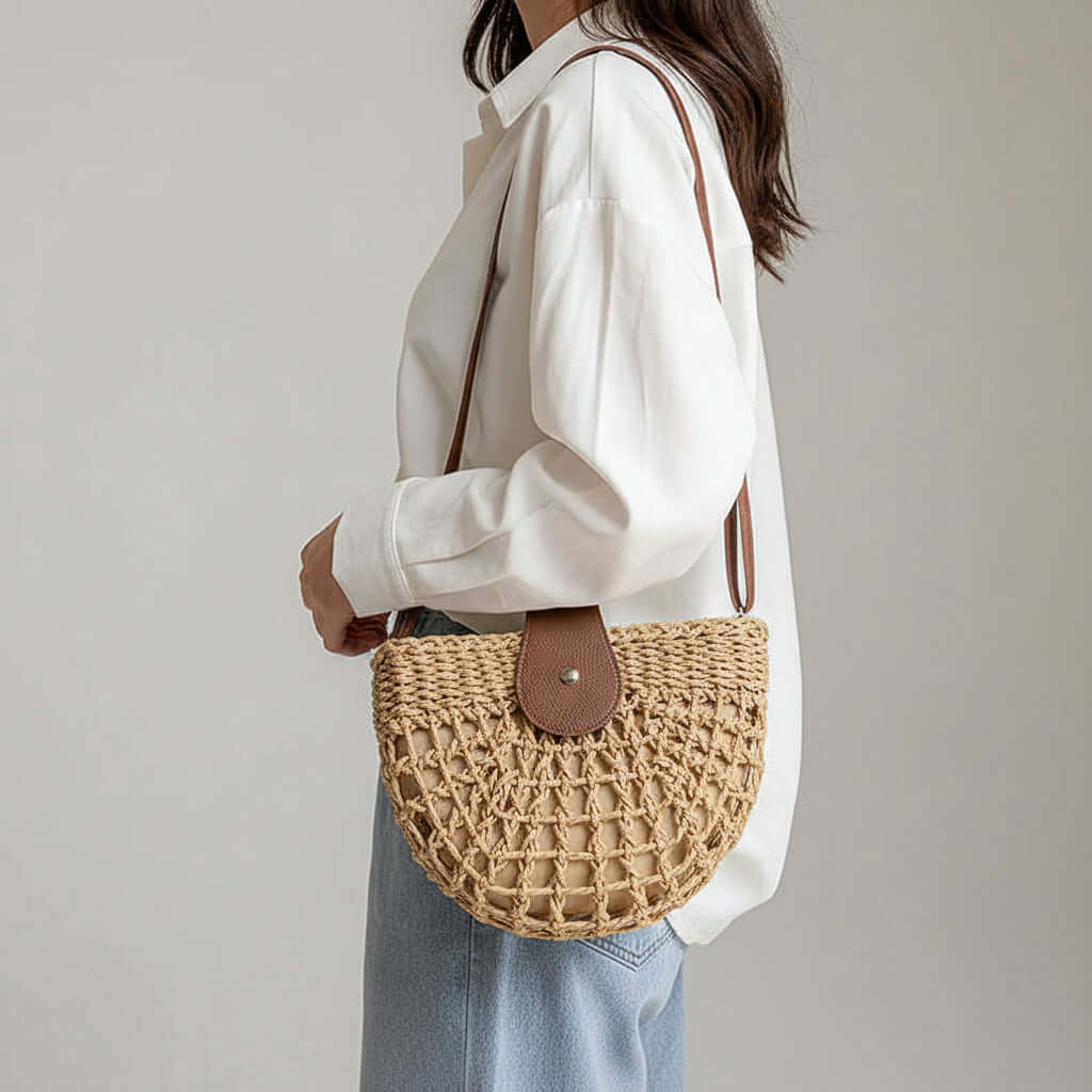 Semicircle Straw Crossbody Bag Hollow Out Cutout Woven Shoulder Bag - Hadi Craft