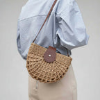 Semicircle Straw Crossbody Bag Hollow Out Cutout Woven Shoulder Bag - Hadi Craft