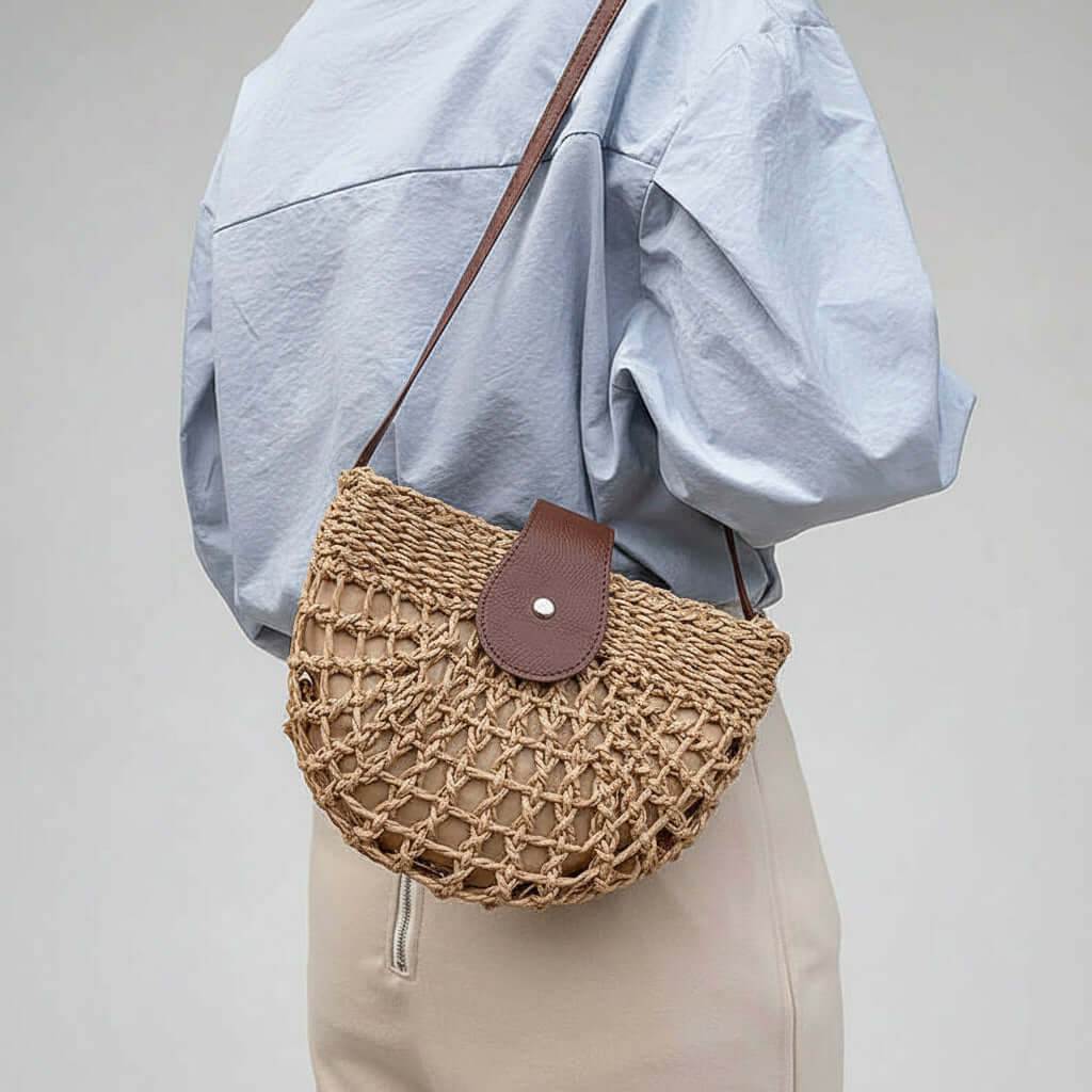 Semicircle Straw Crossbody Bag Hollow Out Cutout Woven Shoulder Bag - Hadi Craft