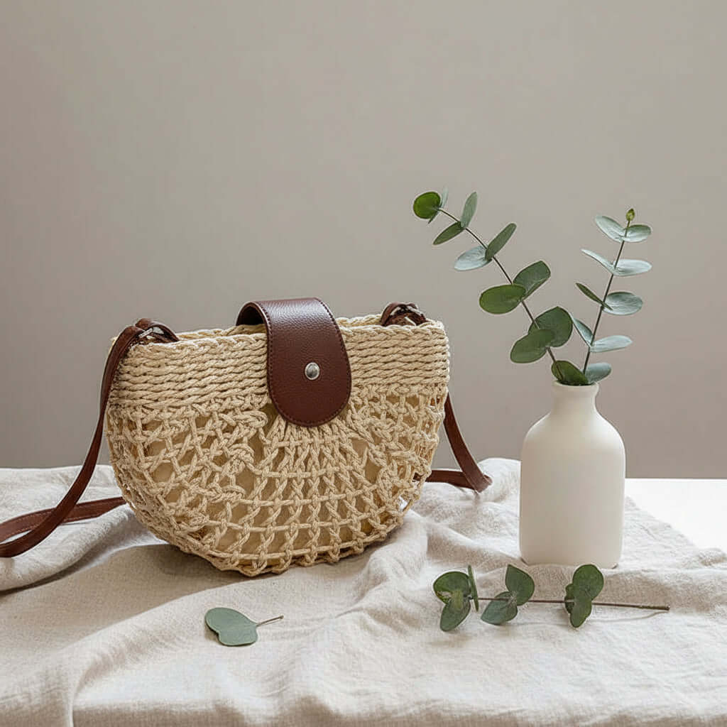Semicircle Straw Crossbody Bag Hollow Out Cutout Woven Shoulder Bag - Hadi Craft