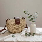 Semicircle Straw Crossbody Bag Hollow Out Cutout Woven Shoulder Bag - Hadi Craft