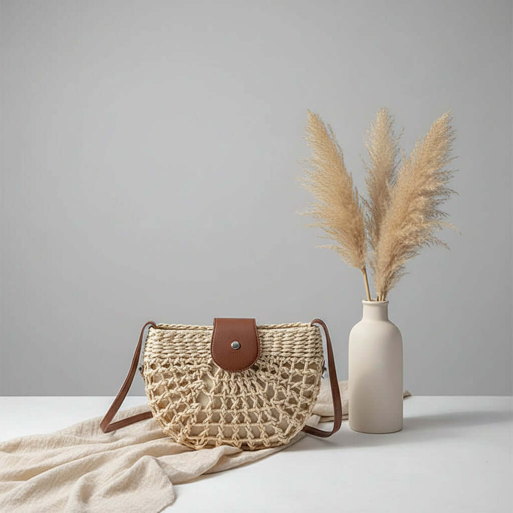 Semicircle Straw Crossbody Bag Hollow Out Cutout Woven Shoulder Bag - Hadi Craft