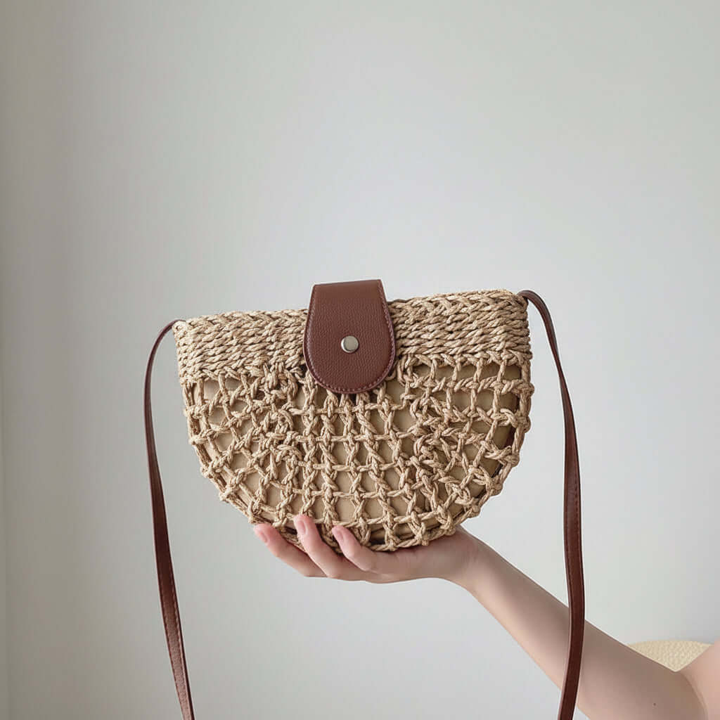 Semicircle Straw Crossbody Bag Hollow Out Cutout Woven Shoulder Bag - Hadi Craft