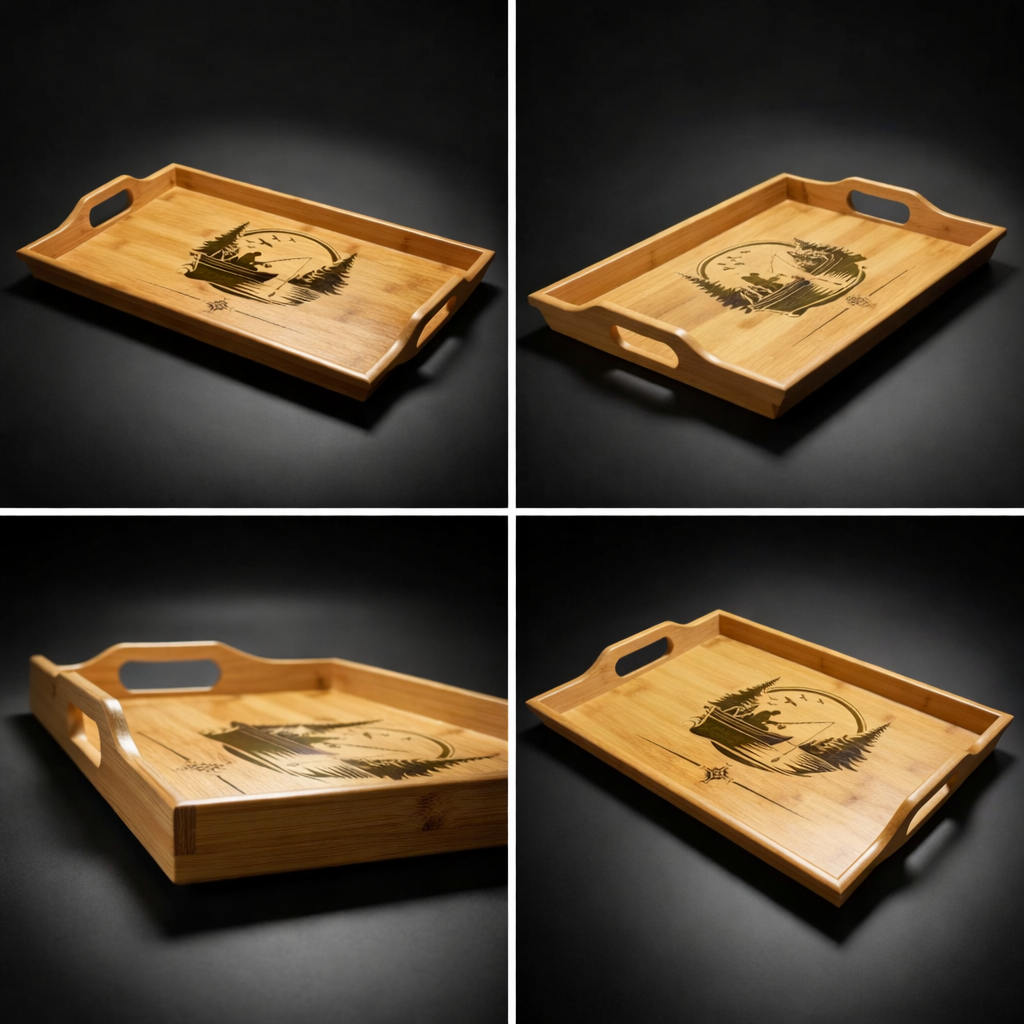Engraved Bamboo Serving Tray with Handles – Lake Fishing Scene