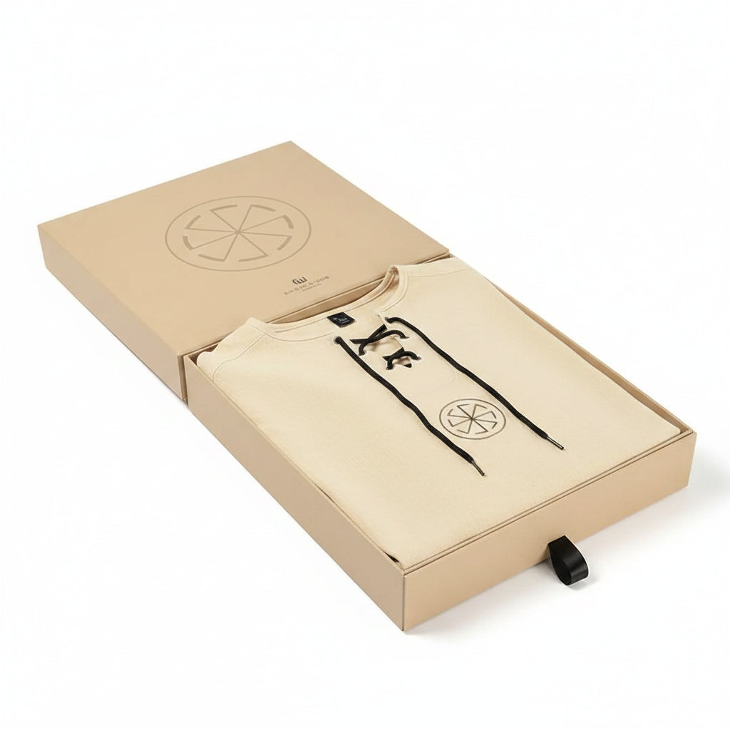 Medieval knight tunic costume in stylish packaging with logo design.