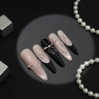 Pink Purple Cat's Eye Press On Nails, Handmade False Nail Bows Rhinestone Decor Sweet Cool Fake Nail