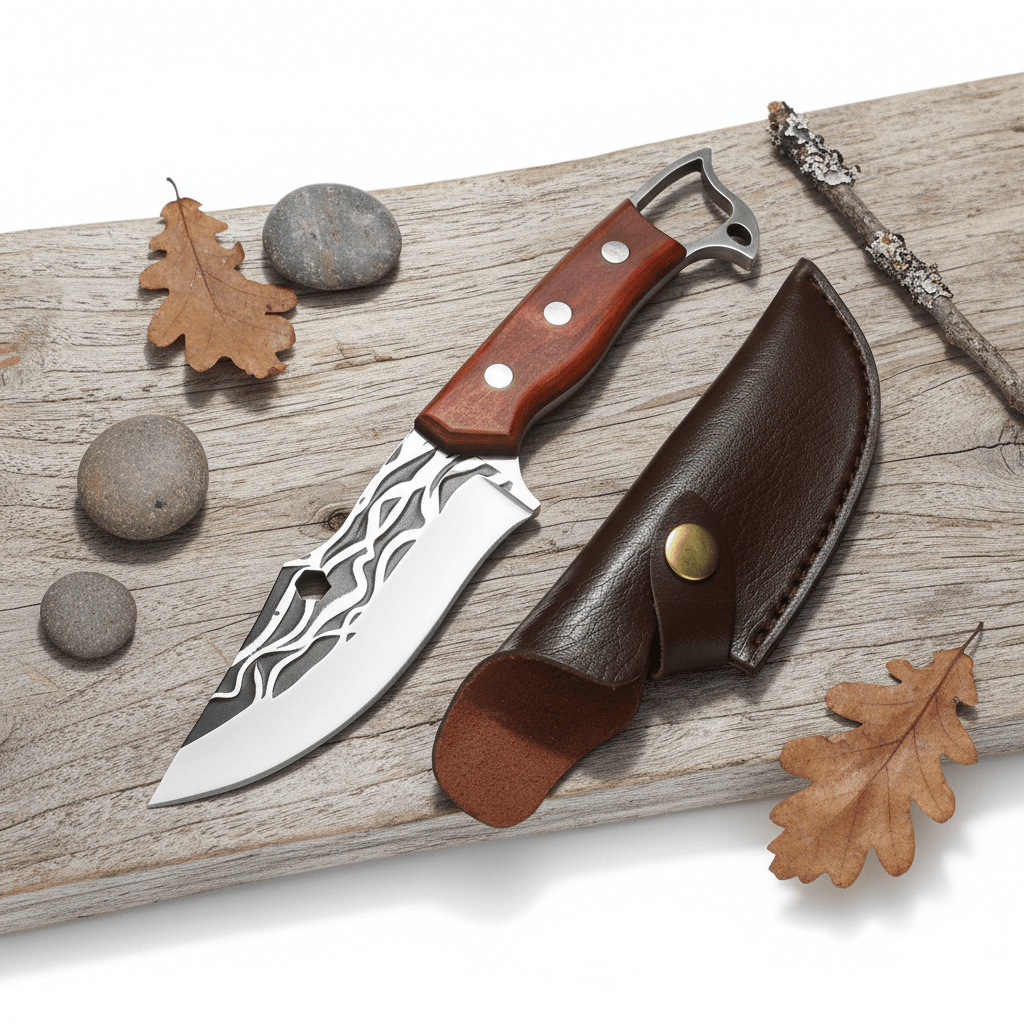 Sharp Edge Full Tang Fixed Blade Hunting Knife | Wooden Handle Outdoor Camping Knife with PU Leather Sheath - Hadi Craft